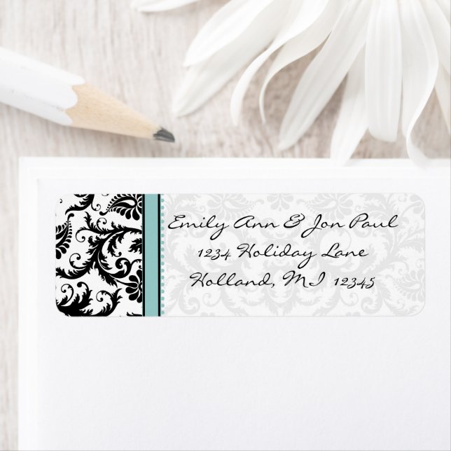 Aqua Blue & Black Damask Dots Adressenmarkierungen (Insitu)