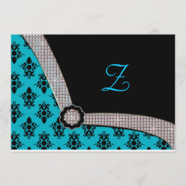 Aqua Blue & Black Damask Gem Sparkasse Einladung