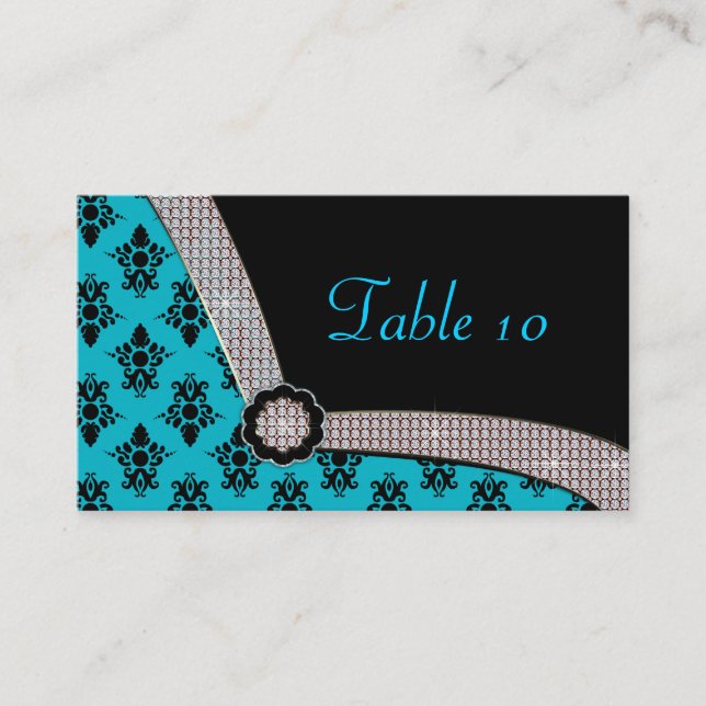 Aqua Blue & Black Damask Gem Sparkle Platzkarte (Vorderseite)