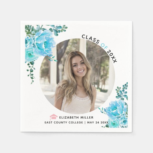 Aqua Blue Blwers Class of 2022 Abschluss Foto Serviette (Vorderseite)