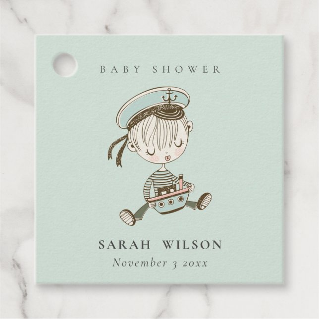 Aqua Blue Boys Little Sailor Nautical Baby Dusche Geschenkanhänger (Vorderseite)