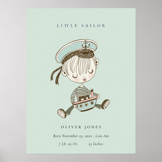 Aqua Blue Boys Little Sailor Nautical Birth Stat Poster (Vorne)