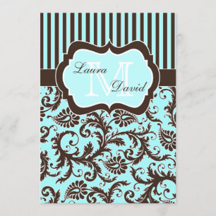 Aqua Blue Brown blanc rayé Damas Invitation II