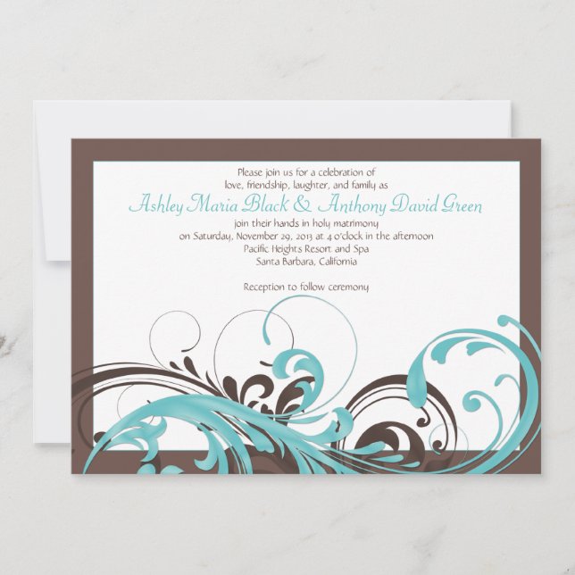 Aqua Blue, Brown Floral Wedding Einladung (Vorderseite)