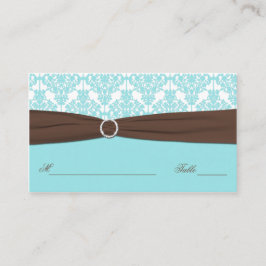 Aqua Blue, Brown, White Damask Platzkarte