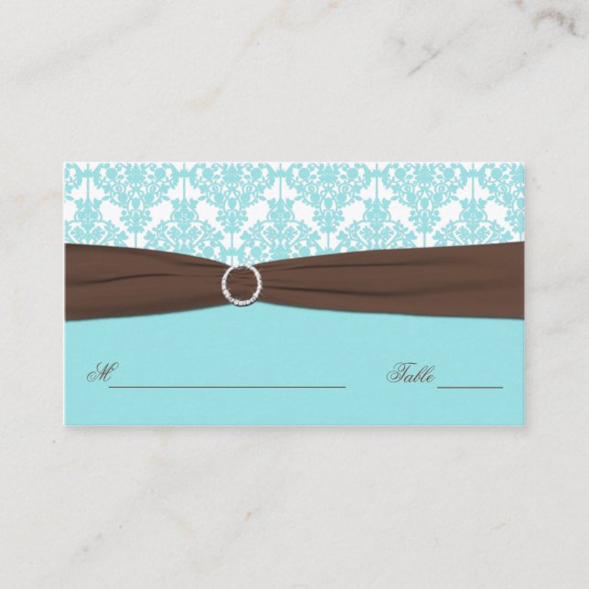 Aqua Blue, Brown, White Damask Platzkarte (Vorderseite)
