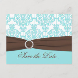 Aqua Blue, Brown, White Damask Save the Date Card Ankündigungspostkarte