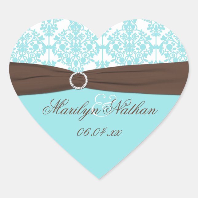 Aqua Blue, Brown, White Damask Wedding Sticker (Vorderseite)