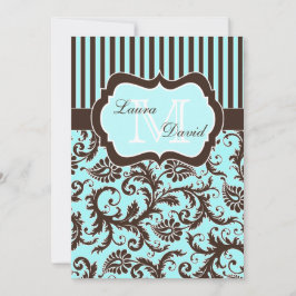 Aqua Blue Brown White Striped Damask Einladung II