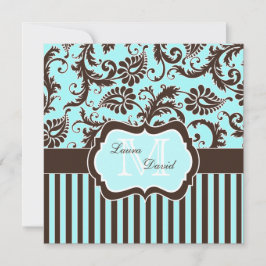 Aqua Blue Brown White Striping Damask Einladung
