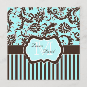 Aqua Blue Brown White Striping Damask Einladung