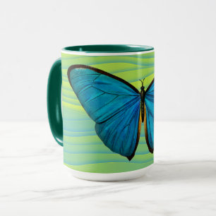 Aqua Blue Butterfly on Green Abstrait Mug Cup