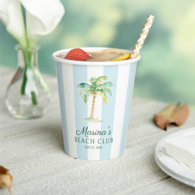 Aqua Blue Cabana Stripes Palm Beach Club Pappbecher (In Situ)