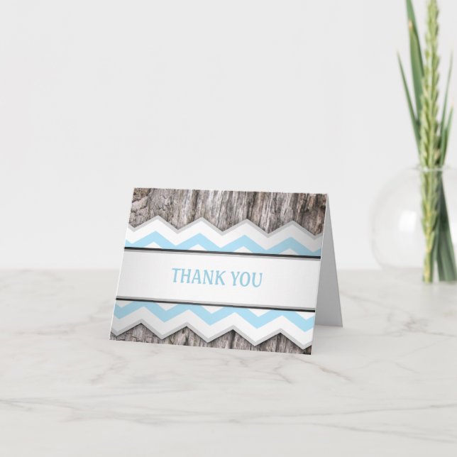 Aqua Blue Chevron & Wood Rustic Merci Cartes (Devant)