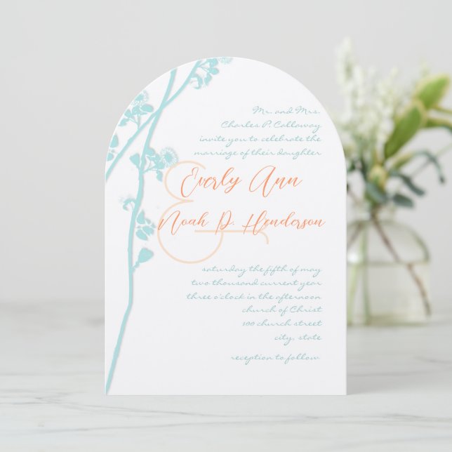 Aqua Blue Coral Blume Hochzeit Einladung (Stehend Vorderseite)