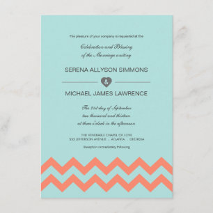 Aqua Blue & Coral Zickzack Hochzeit Einladungen