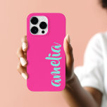 Aqua blue custom name script bold hot pink Case-Mate iPhone 14 pro max hülle<br><div class="desc">Pink phone cover featuring your name in an aqua blue script font on a hot pink background. Bold and colorful design.</div>