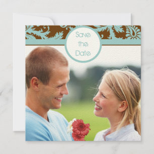 Aqua-Blue-Damask auf brauner Hochzeitseinladung Einladung
