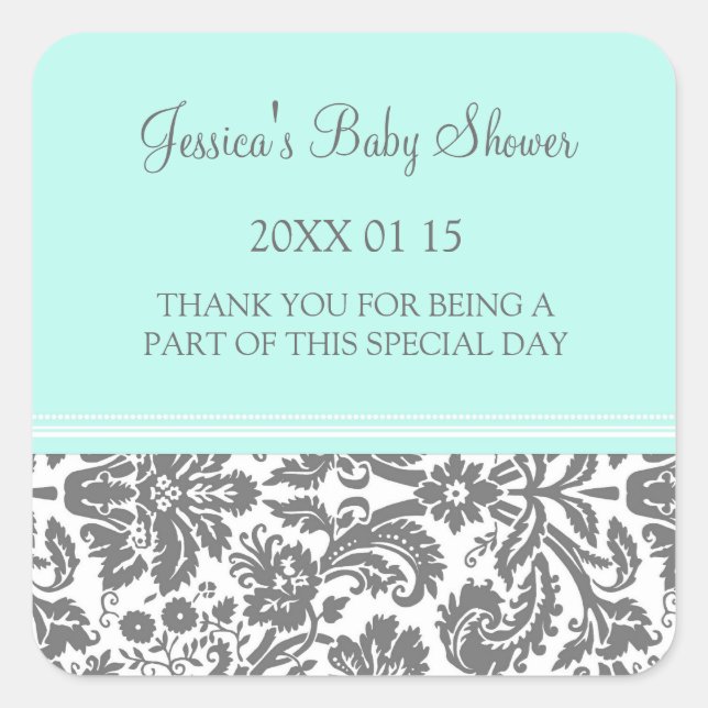 Aqua Blue Damask Baby Dusche Pflegeaufkleber Quadratischer Aufkleber (Vorderseite)