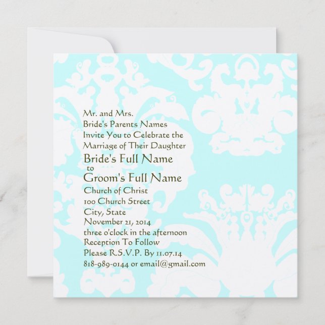Aqua Blue Damask Hochzeitseinladung Einladung (Vorderseite)