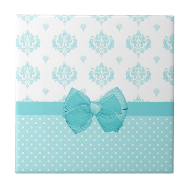 Aqua Blue Damask mit türkisfarbenem Ribbon Fliese (Vorderseite)