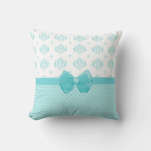 Aqua Blue Damask mit türkisfarbenem Ribbon Kissen