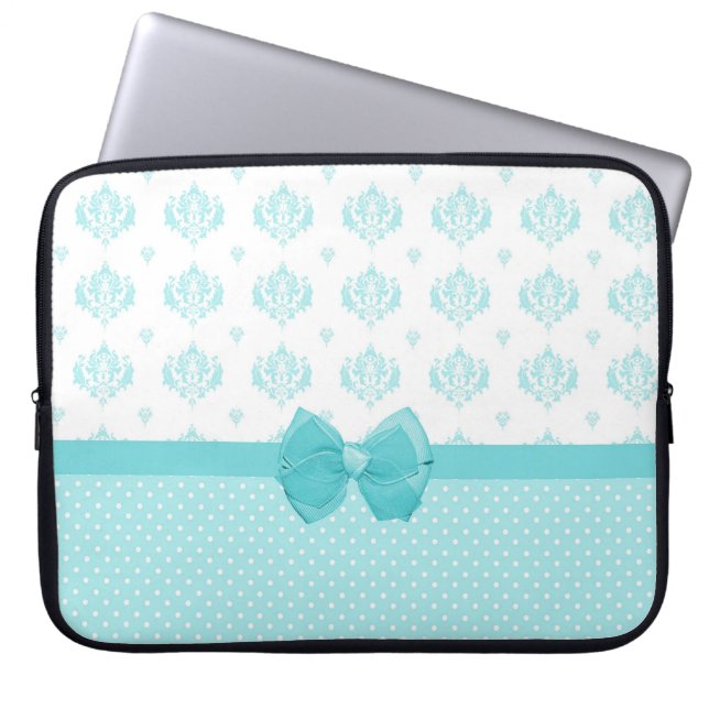 Aqua Blue Damask mit türkisfarbenem Ribbon Laptopschutzhülle (Vorderseite)