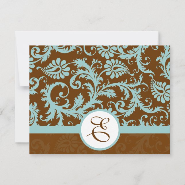 Aqua Blue Damask on Brown Wedding Einladung (Vorderseite)