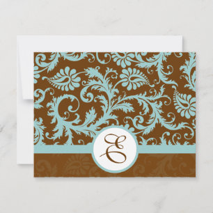 Aqua Blue Damask on Brown Wedding Einladung