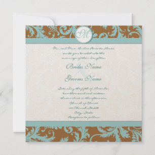 Aqua Blue Damask on Brown Wedding Einladung