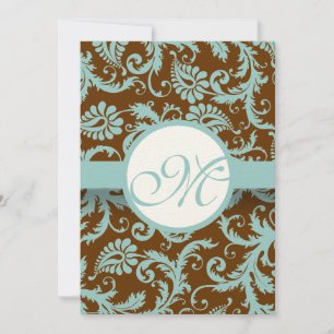 Aqua Blue Damask on Brown Wedding Einladung