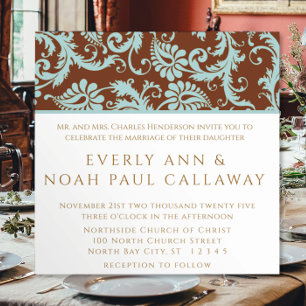 Aqua Blue Damask on Brown Wedding Einladung