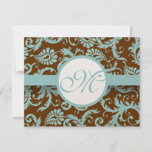 Aqua Blue Damask on Brown Wedding Einladung