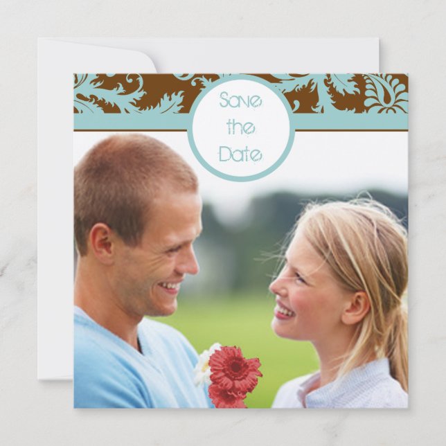 Aqua Blue Damask on Brown Wedding Einladung (Vorderseite)