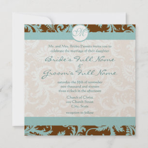 Aqua Blue Damask on Brown Wedding Einladung