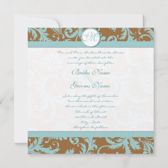 Aqua Blue Damask sur Faire-part de mariage Brown (Devant)