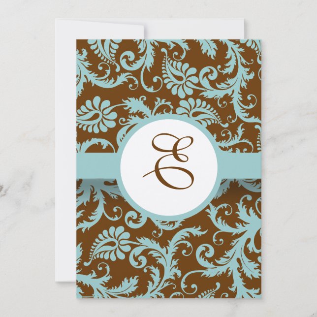 Aqua Blue Damask sur Faire-part de mariage Brown (Devant)