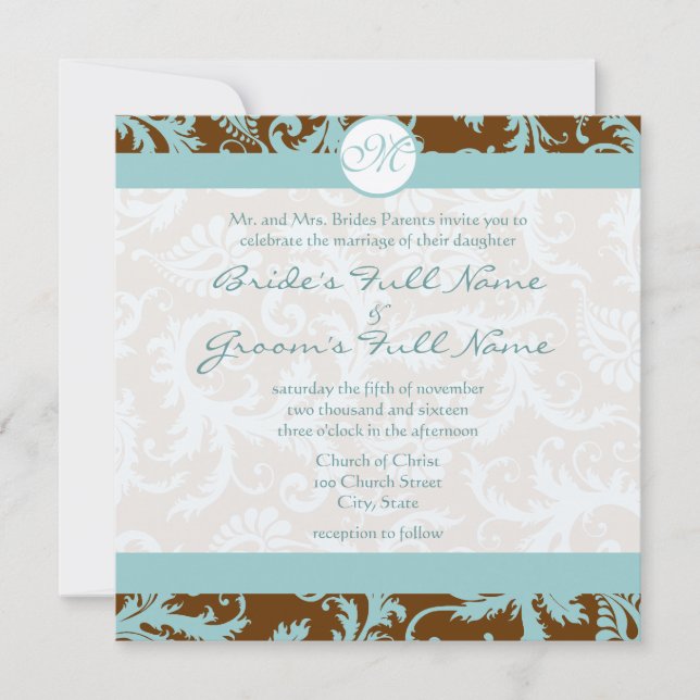 Aqua Blue Damask sur Faire-part de mariage Brown (Devant)