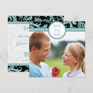 Aqua Blue Damask sur Faire-part de mariage noire