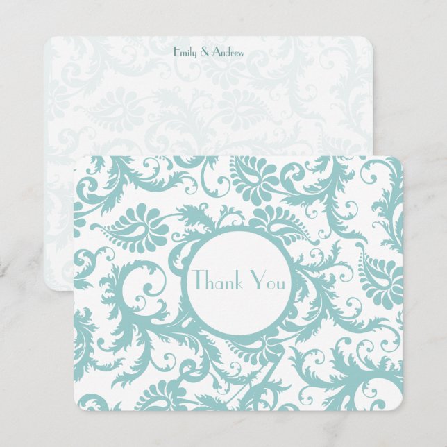 Aqua Blue Damask Wirbel Hochzeit Einladung (Vorne/Hinten)