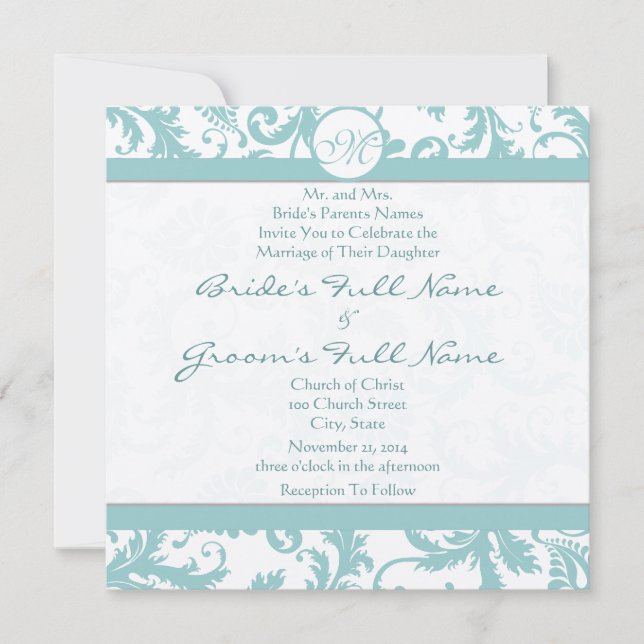 Aqua Blue Damask Wirbel Hochzeit Einladung (Vorderseite)