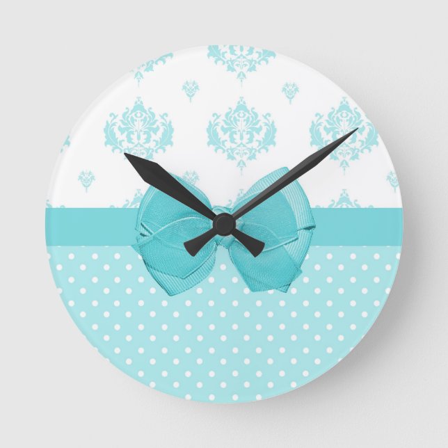 Aqua Blue Damask With Turquoise Ribbon Runde Wanduhr (Vorderseite)