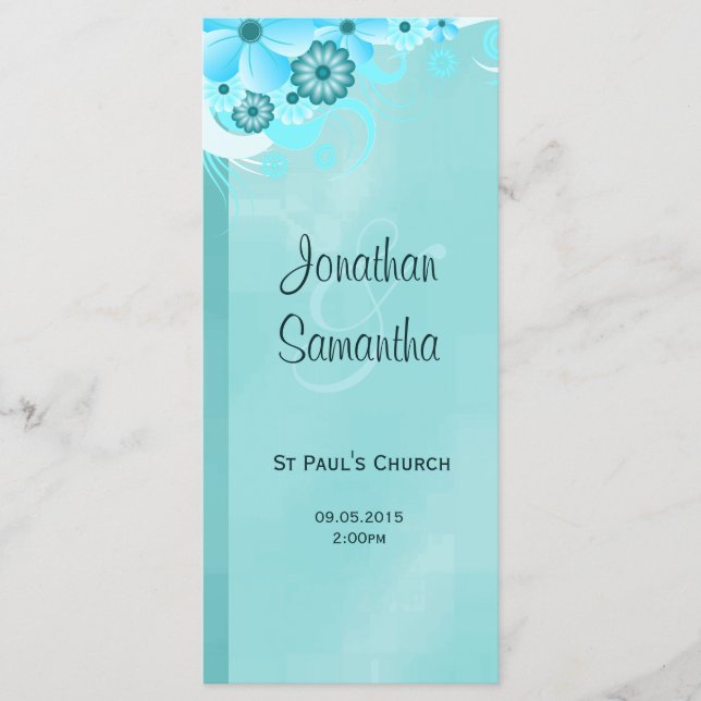 Aqua Blue Dark Aquamarin Floral Wedprogramme Programm (Vorderseite)