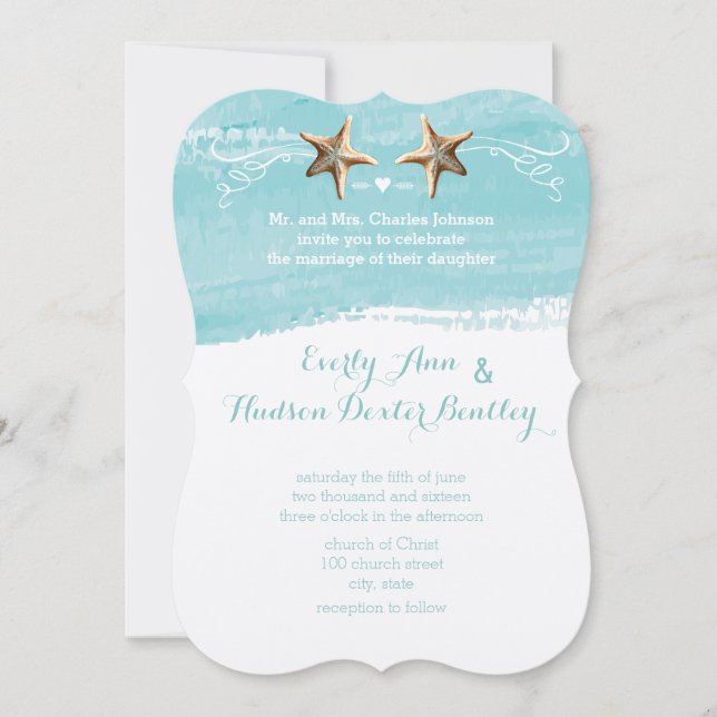 Aqua Blue Destination Beach Starfish Wedding Einladung (Vorderseite)