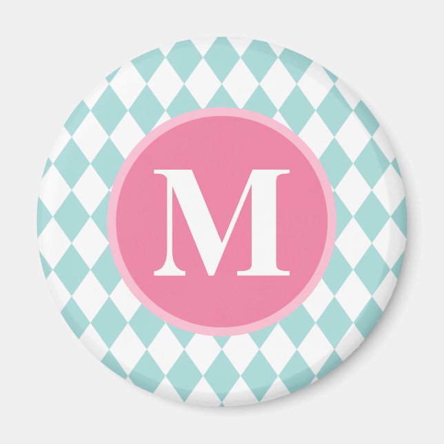 Aqua Blue Diamonds Muster Pink Monogram Magnet (Vorne)