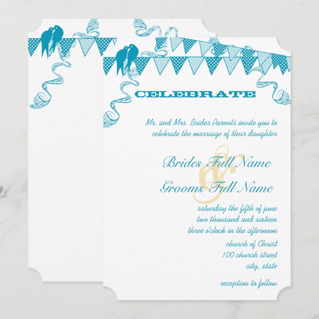 Aqua Blue Dots Bunting Pennant Wedding Einladungen (Vorne/Hinten)