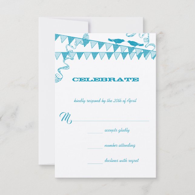 Aqua Blue Dots Love Bird Bunting RSVP Einladung (Vorderseite)