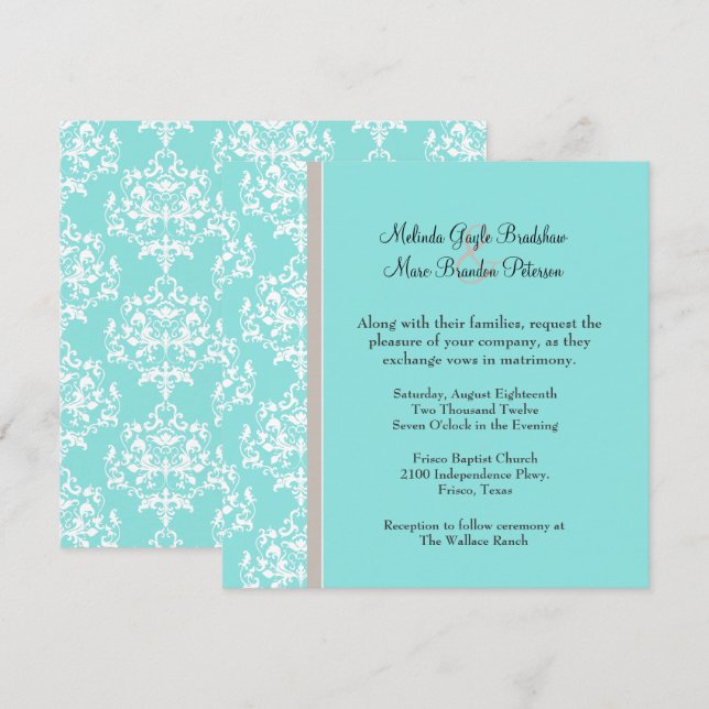 Aqua Blue et Taupe Mariage damassé Invitation (Devant / Derrière)