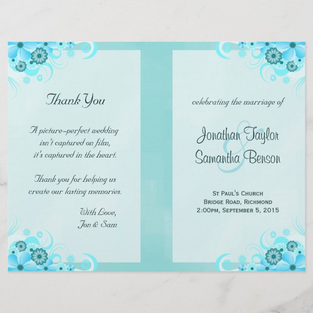 Aqua Blue Floral BiFold Wedding Programme Modèles (Devant)