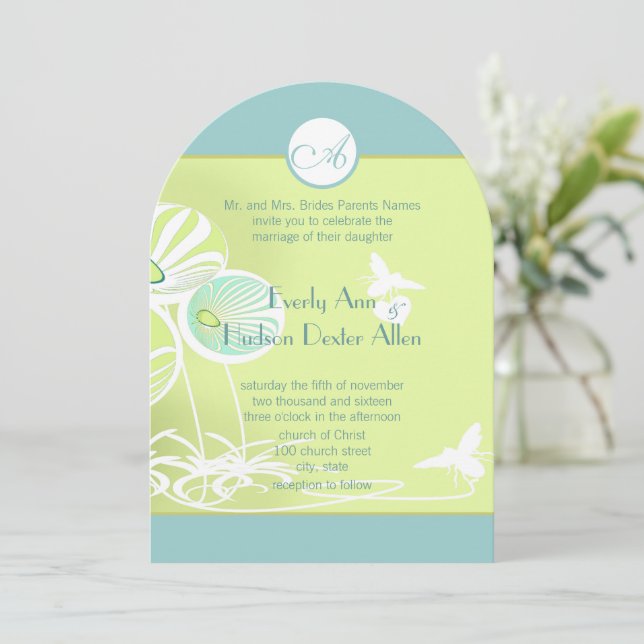 Aqua Blue Floral Bumble Bee Faire-part de mariage (Debout devant)